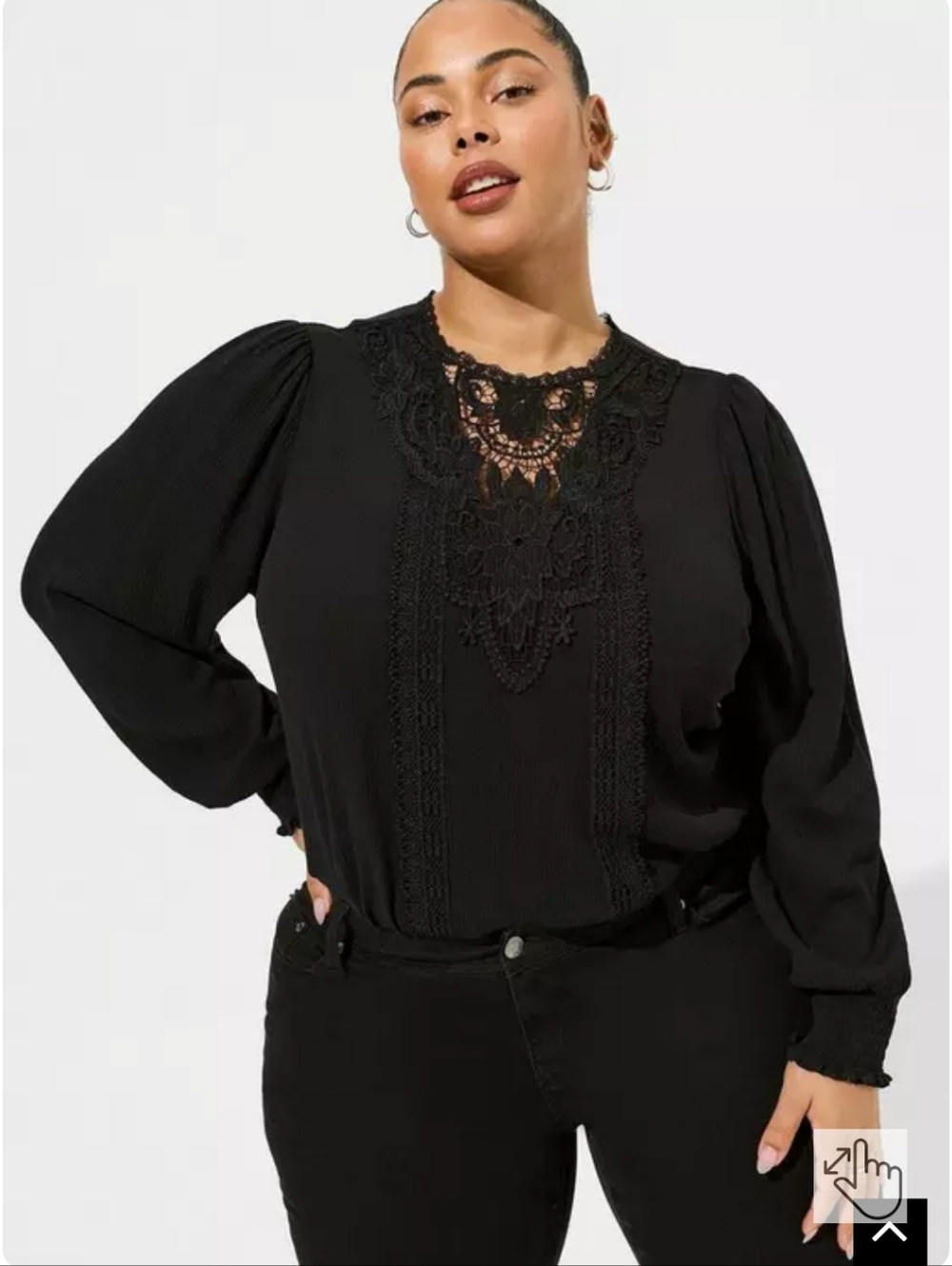 EUC Washable Crinkle Gauze Crochet Yoke Blouson Sleeve Top